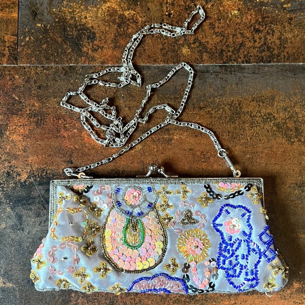 Vtg Bijoux Terner Beaded Kiss Clasp Crossbody/Clutch Handbag w/Detachable Strap